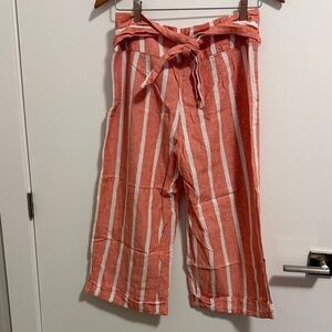 Joe Fresh Coral and White Striped Linen-Blend Paperbag Capris